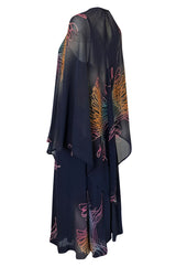 c.1977 Pauline Trigere Silk 'Fireworks' Print Halter Dress & Cape