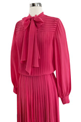 1970s Louis Feraud Haute Couture Hand Pleated Pink Silk Chiffon Day Dress w Bow