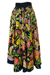 1960s Hand Painted Sequin Bright Floral Print Cotton Mexican Skirt