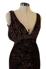 Documented Fall 2004 Richard Tyler Brown Printed Floral Velvet & Beaded Dress w Train & Plunge Back