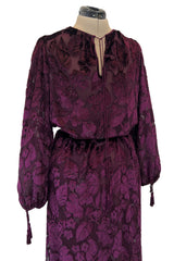 Incredible Fall 1977 Oscar de la Renta Runway Deep Burgundy Metallic Velvet Silk Dress Set
