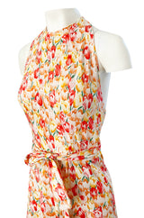 1970s Diane Von Furstenberg Backless Floral Jumpsuit w Extra Wide Legs