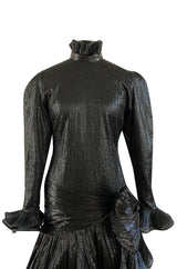 1980s Salvadori Albani Couture Black Textured Silk Lame & Plisse Finish Drop Waist Dress