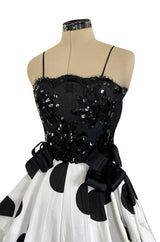 Early 1980s Possible Louis Feraud Graphic Sequin Bodice w Black & White Dotted Bubble Skirt Dress