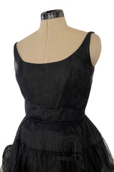 Fabulous Early 1960s Jean Louis Black Silk Chiffon Dress w Elaborate Feather Detailed Skirt