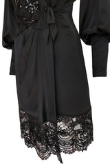 c.1988 Emanuel Ungaro Black Sequin Lace & Silk Satin Dress