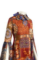Spectacular 1960s Tina Leser Original  Printed Silk Voile Extra Long Angel Sleeve Dress
