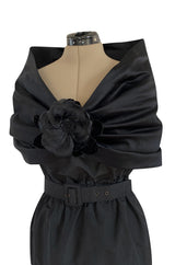 Exceptional Late 1970s Ady Couture Lausanne Black Silk Dress w Dramatic Wide Collar Shoulder Wrap