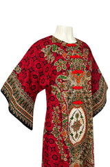 1960s Unlabeled Red Thai Print Cotton Caftan Dress w Frog Knot Detail