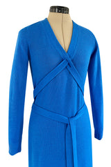 Documented Fall 1977 Halston Cashmere Sky Blue Dress w Extra Long Attached Wrap Ties