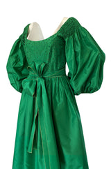 1960s Richiline Emerald Green Silk Dress w Pouf Sleeves & Rhinestone Detail
