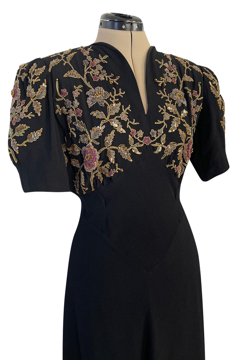 Stunning 1930s Unlabeled Moss Silk Crepe Dress w Dense Beading Sequin & Gold Thread Embroidery