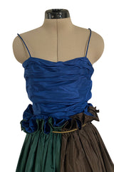 Dreamy 1970s James Galanos Blue Brown & Green Silk Dress w Ruffled Waist & Metallic Gold Trim