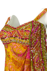 1960s Unlabeled Pink & Gold Sequin Detail Sari Inspired Silk Print Dress