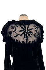 Gorgeous 1930s Bias Cut Silk Velvet Dress w Silk Mesh & Applique Detailing & Incredible Sleeves