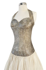 Rare Late 1920s Early 1930s Howard Greer Silver Beaded Halter Dress w Silk Tulle Net Tiered Skirt