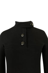 1960s Pierre Cardin Chic Sculpted Black Wool Button Detail Dress