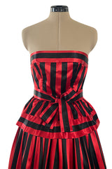 Stunning 1970s Victor Costa Red & Black Striped Satin Finish Strapless Dress