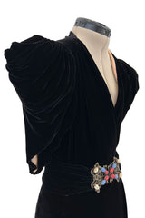 Incredible 1930s Black Silk Velvet Wrap Bias Cut Dress w Elaborate Metal & Bead Belt