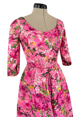 Gorgeous 1960s Jean Louis Pink w Green Floral Raised Silk Brocade Midi Dress