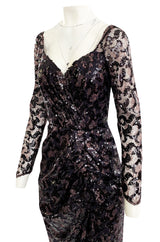 1980s Vicky Tiel Couture Fitted Metallic Net Dress w Extensive Black Sequin Detailing