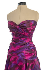 1980s Loris Azzaro Couture Strapless Deep Pink & Purple Printed Silk Mini Dress w Flare Skirt