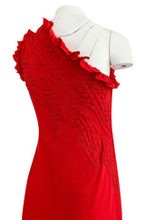 Documented 1981 James Galanos One Shoulder Red Silk Dress w Trapunto Quilting Detail