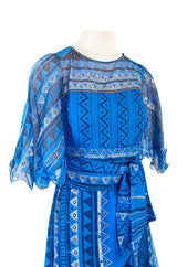 1980s Zandra Rhodes Hand Painted Silver on Blue Silk Caftan Dress w Wrap Belt & Matching Scarf