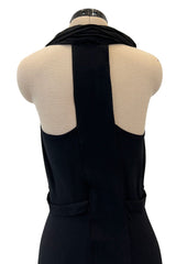 Avant Garde 1930s Black Moss Crepe Draped Halter Back Dress w Sequin Detailing