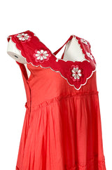 Fall 2019 Innika Choo Tiered Coral Cotton Full Length Embroidered Sun Dress