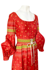 Spring 1971 Oscar de la Renta Red Printed Dress w Pouf Sleeves & Original Belt