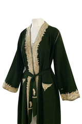 Wonderful 1920s Antique Hand Embroidered Crewel Deep Forest Green Wrap Robe or Coat