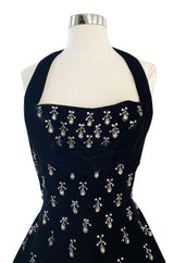 Incredible 1950s Ceil Chapman Jewelled Rhinestone Tear Drop Black Velvet Shelf Bust Dress