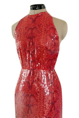 Documented 1974 Bill Blass Red Sequin & Snakeskin Print Ad Campaign Halter Dress