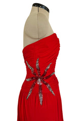 Prettiest 1970s Ruben Panis Side Beaded Red Jersey Dress w Convertible Straps