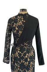 1990s Geoffrey Beene Black Ribbon Net Lace Dress w Nude Interior & Tied Panel Detailing