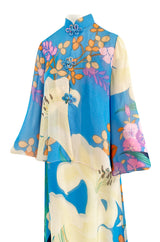 Extraordinary 1970s Hanae Mori Couture Pastel Turquoise Floral Print Silk Chiffon Dress & Jacket