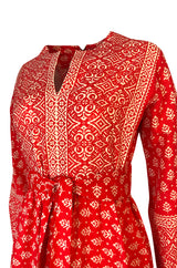Lovely 1960s Red & White Print Indian Cotton Caftan Dress