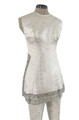 1960s Malcolm Starr Silver Silk Brocade Pant & Tunic Set w Extensive Beaded Detailing