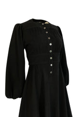 1972 Jean Muir Pin Tuck Detailed Huge Sleeve Black Crepe Dress