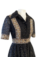 Late 1960s Oscar De La Renta Gold Metallic Eyelash Silk Organza Dress w Silver Metallic Detailing