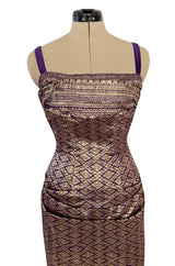 Divine 1955 Maggie Rouff Haute Couture Metallic Gold Silk Brocade Dress w Purple Silk Back Skirt