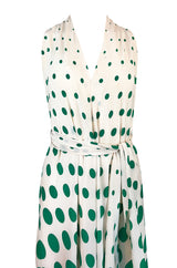 c.1972 Pauline Trigere Graduated Green Dots on Bias Cut Silk Dress