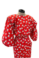 Iconic Spring 1987 Yves Saint Laurent Runway French Bulldog Printed Red Dress
