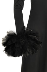 1970s Unlabeled Open Back Black Jersey Dress w Glossy Feather Cuffs