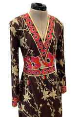 Prettiest 1970s Emilio Pucci Original Pink & Coral Floral Print Brown Silk Jersey Dress