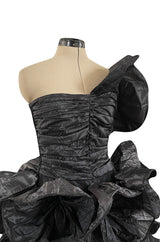 Incredible Fall 1985 Christian Dior by Marc Bohan Black Silk Taffeta Dress w Extravagant Ruffles