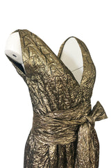 1960s Possible Christian Dior Gold Lame Back & Front Plunge Dress