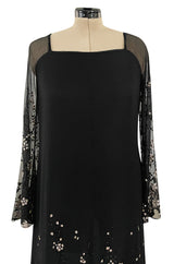 Late 1970s Pauline Trigere Black Silk Chiffon Dress w Silver Fused Glitter Flower Design