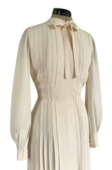 Spring 1976 Chanel Haute Couture Silk Ivory Dress w Hand Stitched Pleats